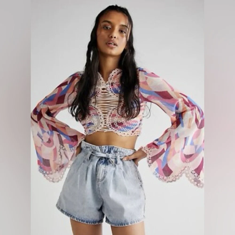 NWT Free People Eyes On You Lace Up Top Pacific Combo RARE TRIM COLOR XS